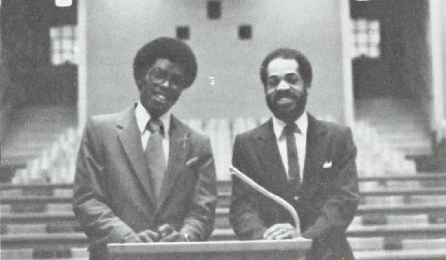 First Frederick Douglass Competition participants Lawrence Davidson III (JD ’82) and Bargery Williams (JD ’82).