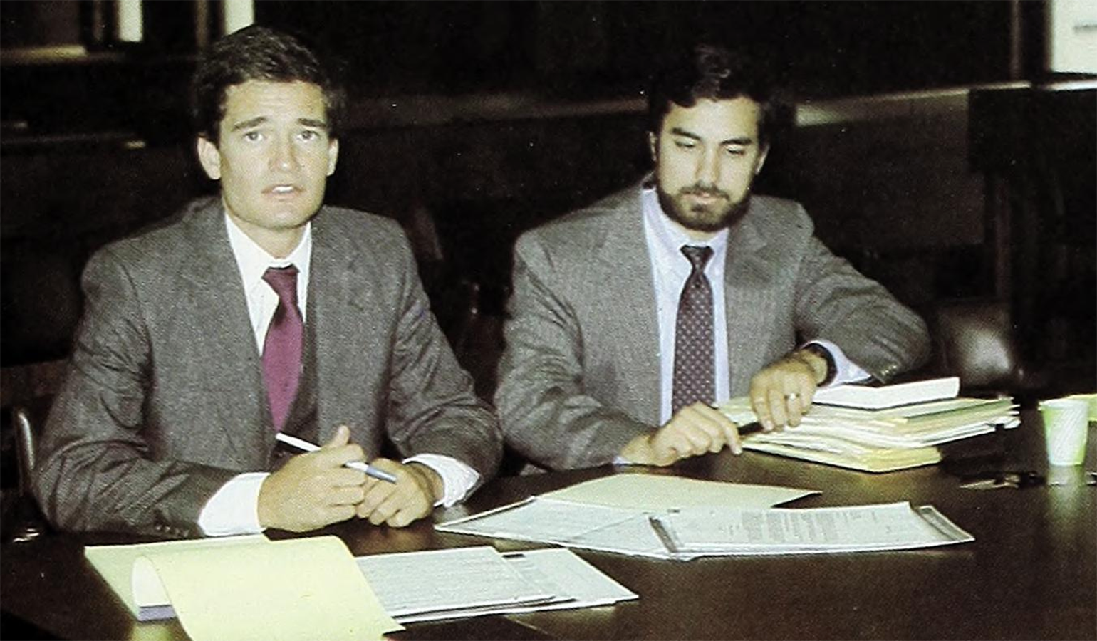 Bill Kriekard (JD ’86) working with Mark Rabil of Bowden and Rabil as part of Wake Forest Law’s Clinical Program in 1985.